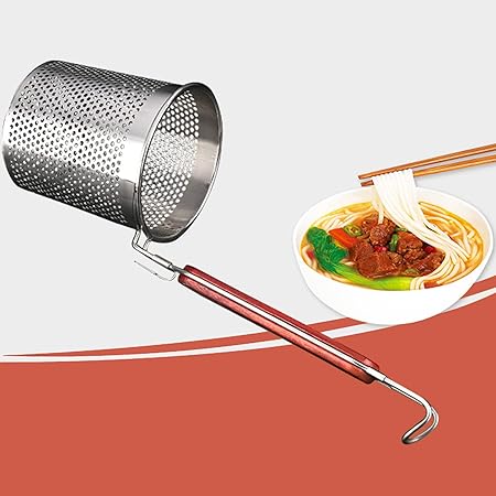 Mesh Pasta Basket with Wooden Handle Stainless Steel Mesh Spider Strainer for Pasta, Noodles, Dumpling