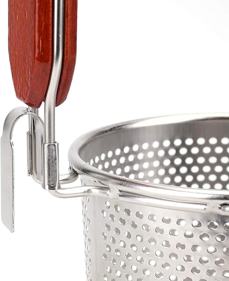 Mesh Pasta Basket with Wooden Handle Stainless Steel Mesh Spider Strainer for Pasta, Noodles, Dumpling