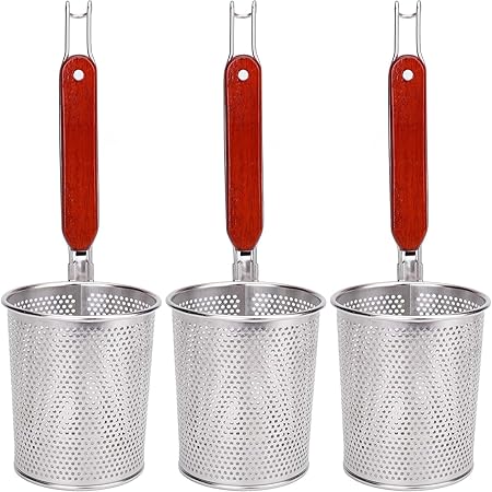 Mesh Pasta Basket with Wooden Handle Stainless Steel Mesh Spider Strainer for Pasta, Noodles, Dumpling