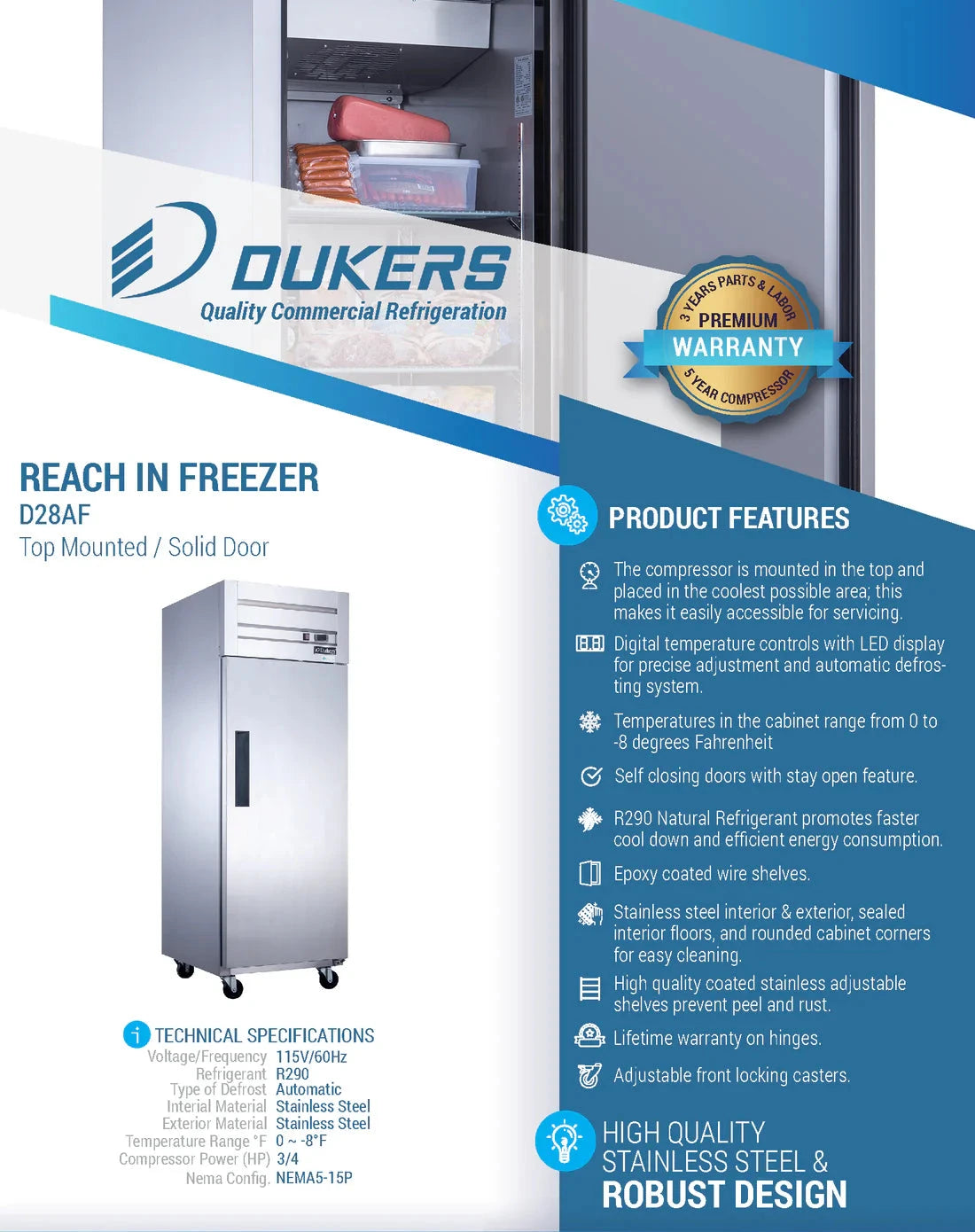 Dukers D28AF Commercial Single Door Top Mount Freezer in Stainless Steel (Free Shipping) (Add to cart for discount)