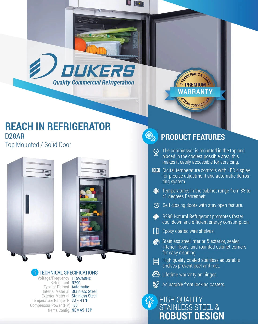 Dukers D28AR Commercial Single Door Top Mount Refrigerator in Stainless Steel (Free Shipping) (Add to cart for discount)