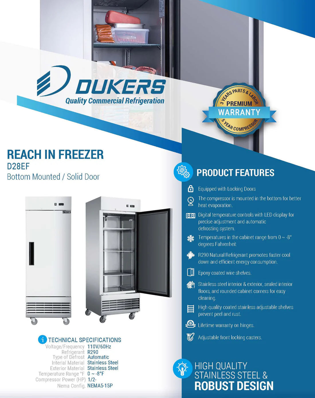 Dukers D28EF Compact Single Door Commercial Freezer in Stainless Steel (Free Shipping) (Add to cart for discount)