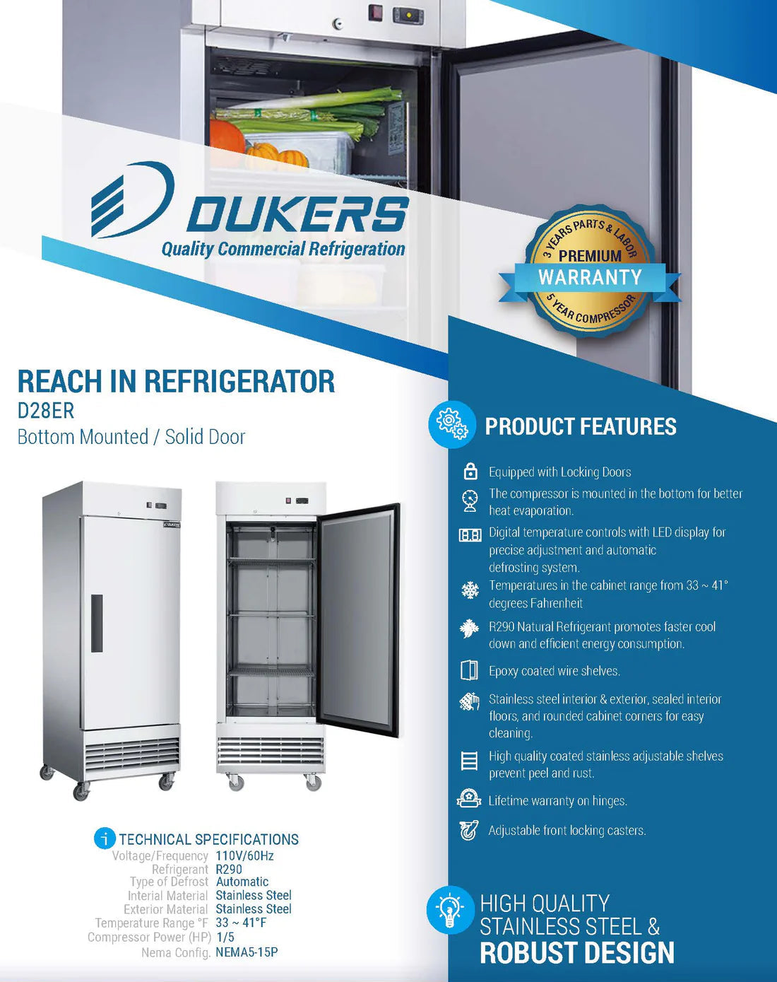 Dukers D28ER Compact Single Door Commercial Refrigerator in Stainless Steel (Free Shipping) (Add to cart for discount)