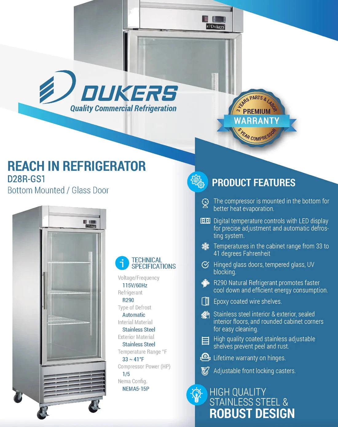Dukers D28R-GS1 Bottom Mount Glass Single Door Commercial Reach-in Refrigerator (Free Shipping) (Add to cart for discount)