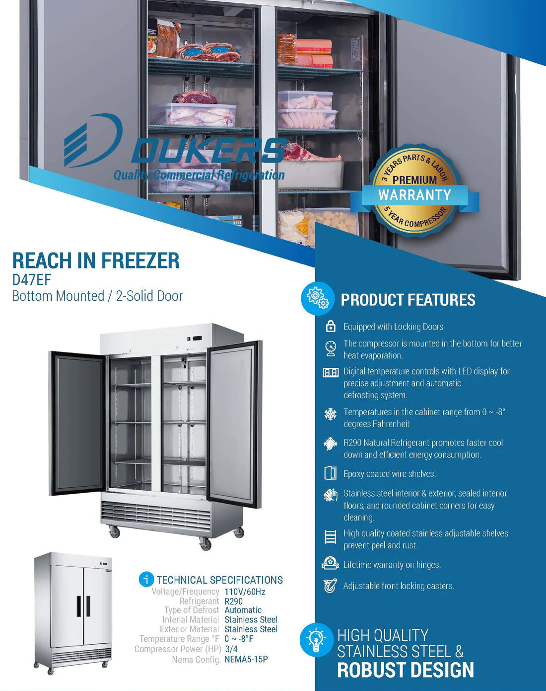 Dukers D47EF Compact 2-Door Commercial Freezer in Stainless Steel (Free Shipping) (Add to cart for discount)