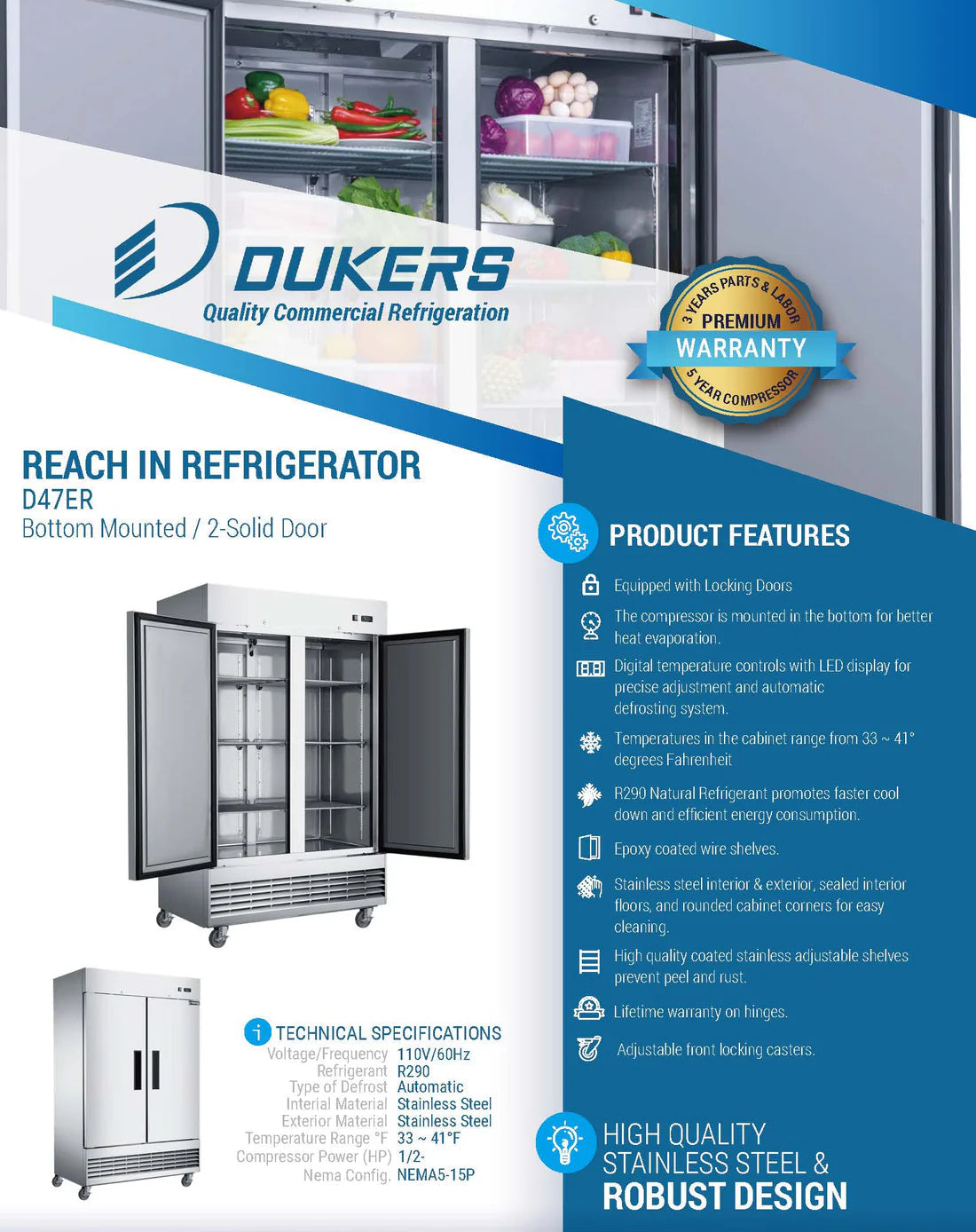 Dukers D47ER Compact 2-Door Commercial Refrigerator in Stainless Steel (Free Shipping) (Add to cart for discount)