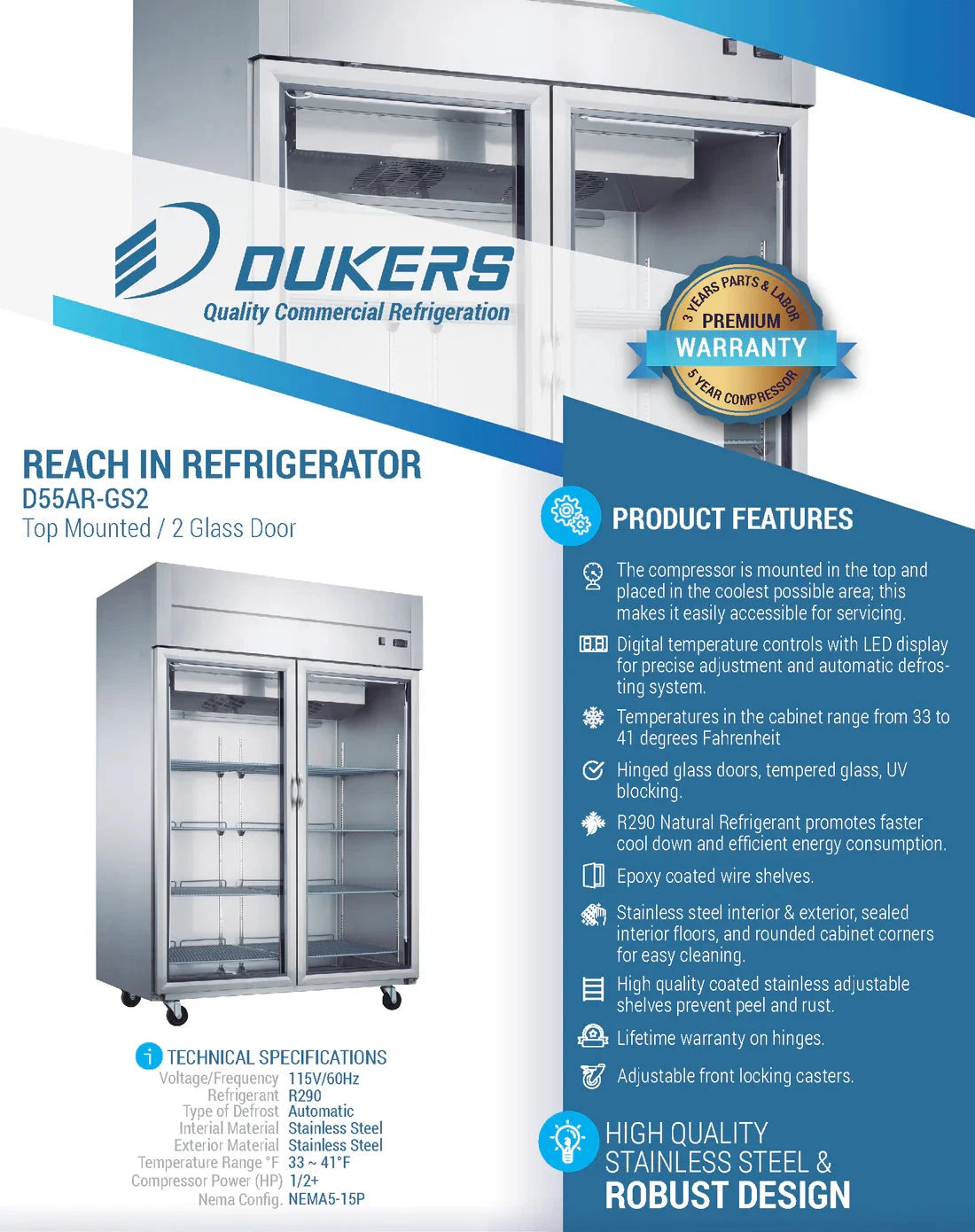 Dukers D55AR-GS2 Top Mount Glass 2-Door Commercial Reach-in Refrigerator (Free Shipping) (Add to cart for discount)