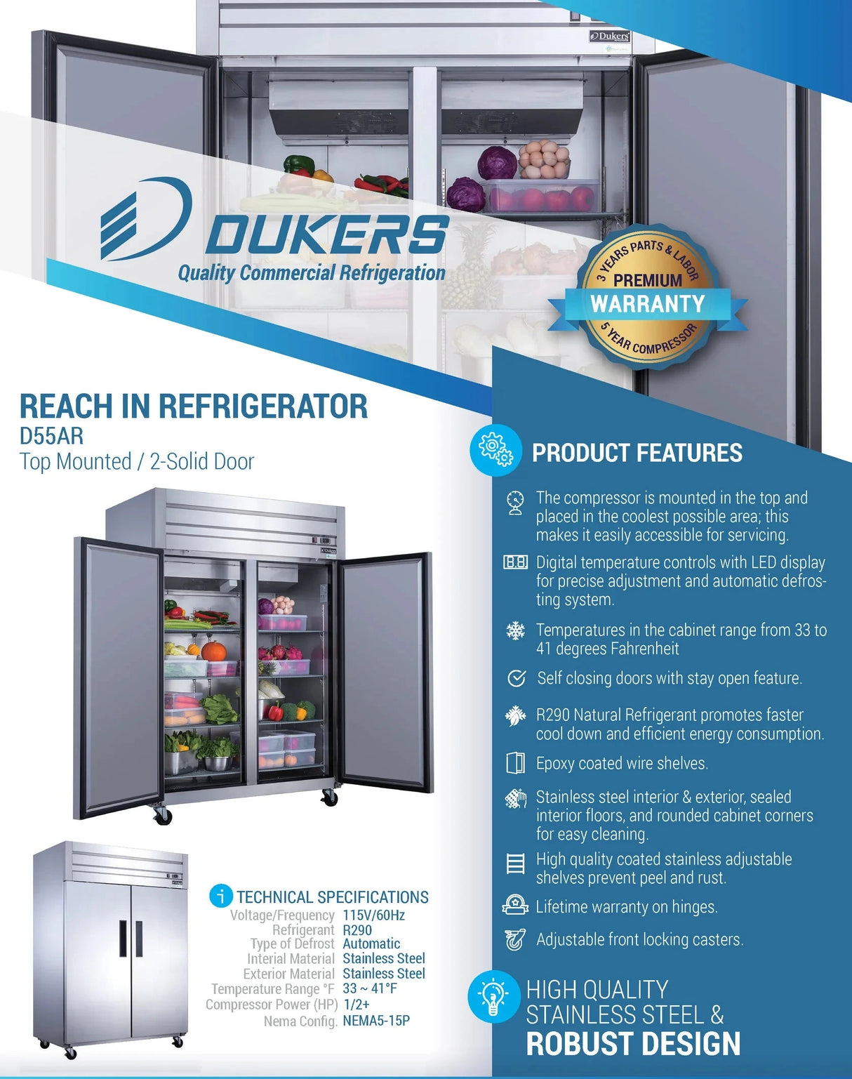 Dukers D55AR Commercial 2-Door Top Mount Refrigerator in Stainless Steel (Free Shipping) (Add to cart for discount)