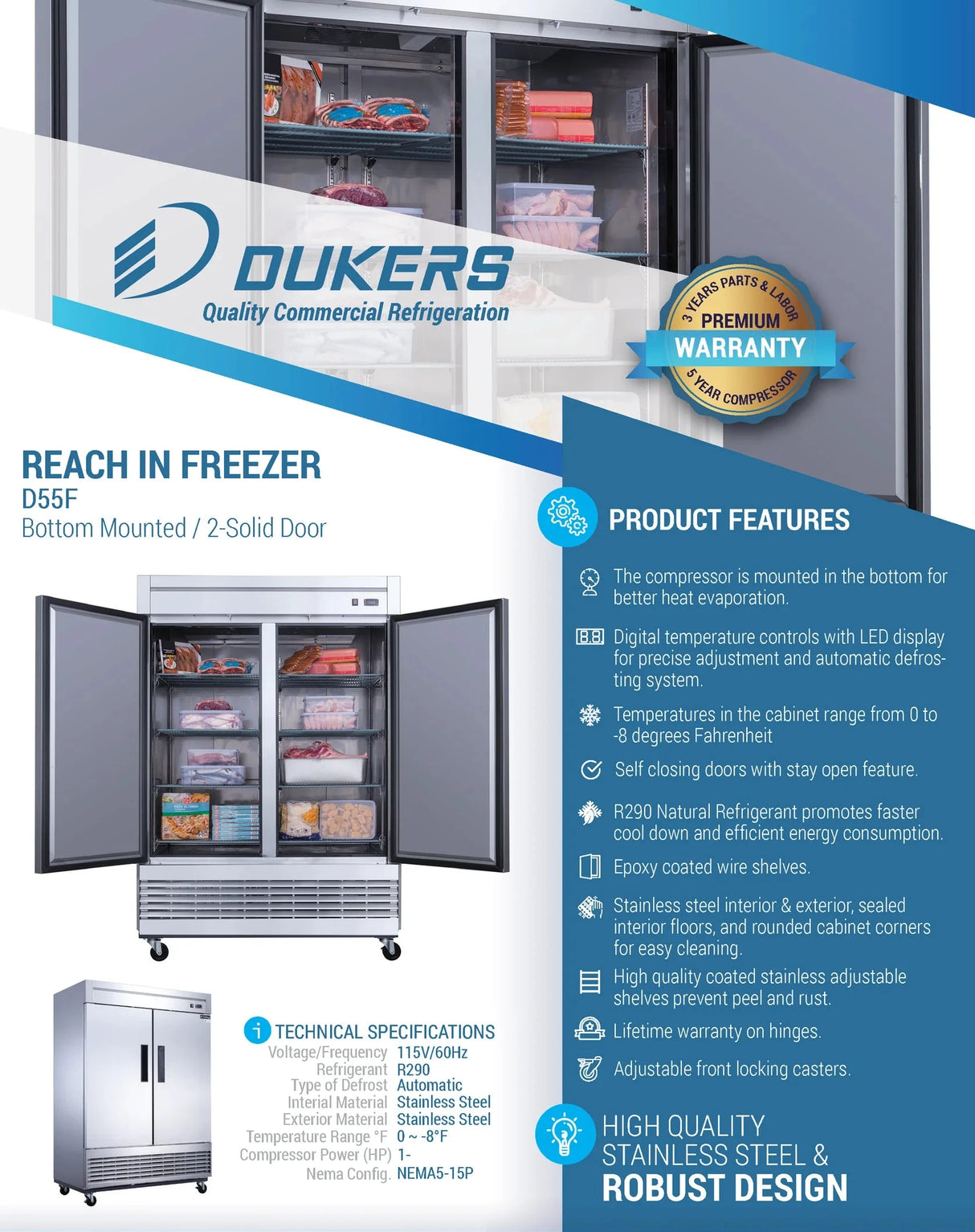 Dukers D55F 2-Door Commercial Freezer in Stainless Steel (Free Shipping) (Add to cart for discount)