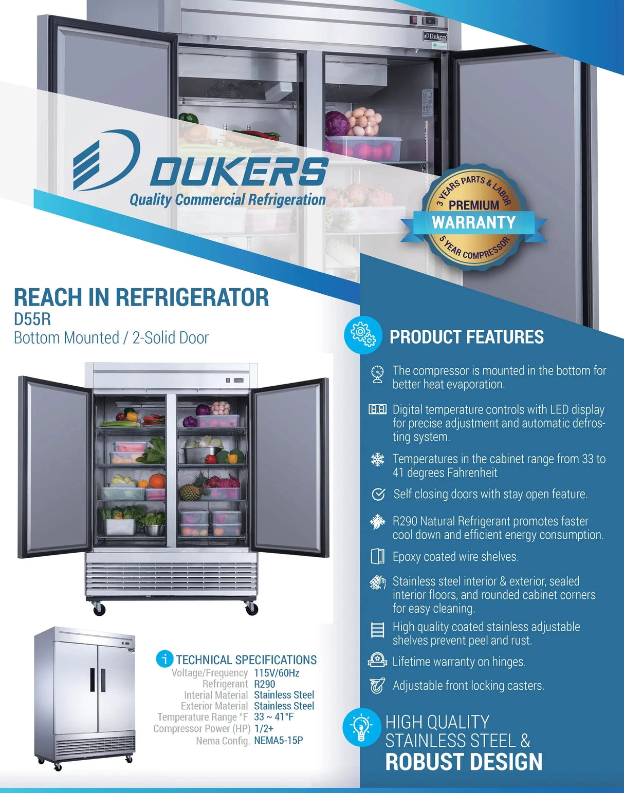 Dukers D55R 2-Door Commercial Refrigerator in Stainless Steel (Free Shipping) (Add to cart for discount)