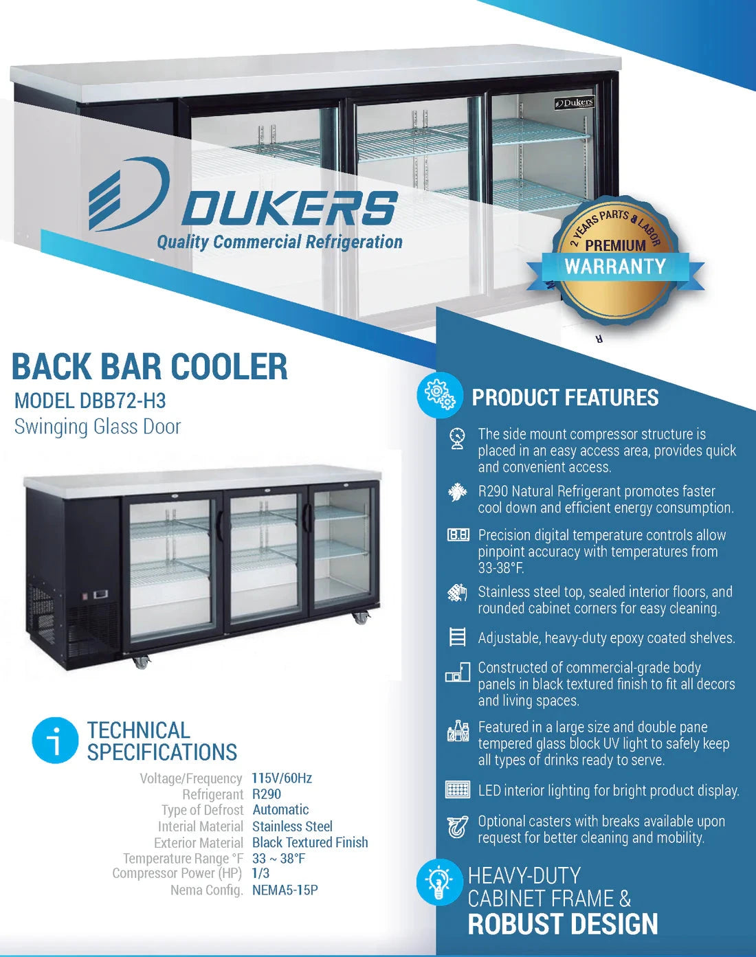 Dukers DBB72-H3 3 Door Bar and Beverage Cooler (Hinge Doors) (Free Shipping) (Add to cart for discount)