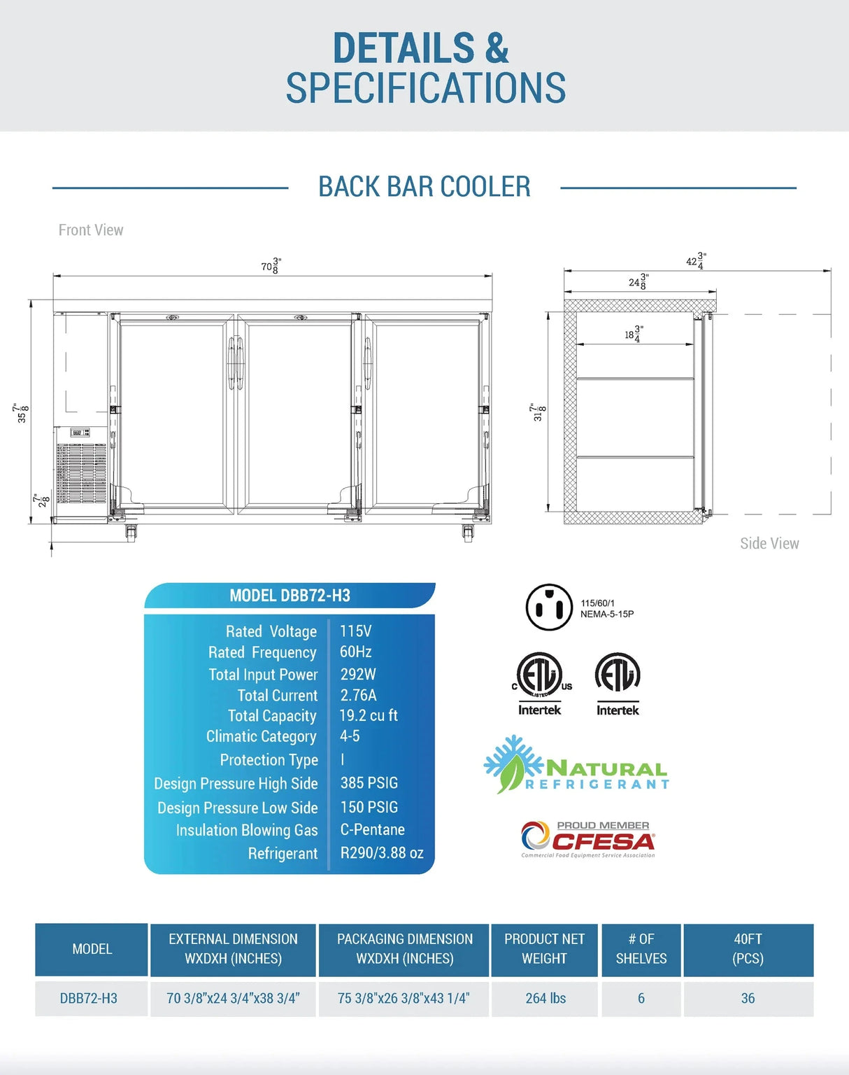 Dukers DBB72-H3 3 Door Bar and Beverage Cooler (Hinge Doors) (Free Shipping) (Add to cart for discount)