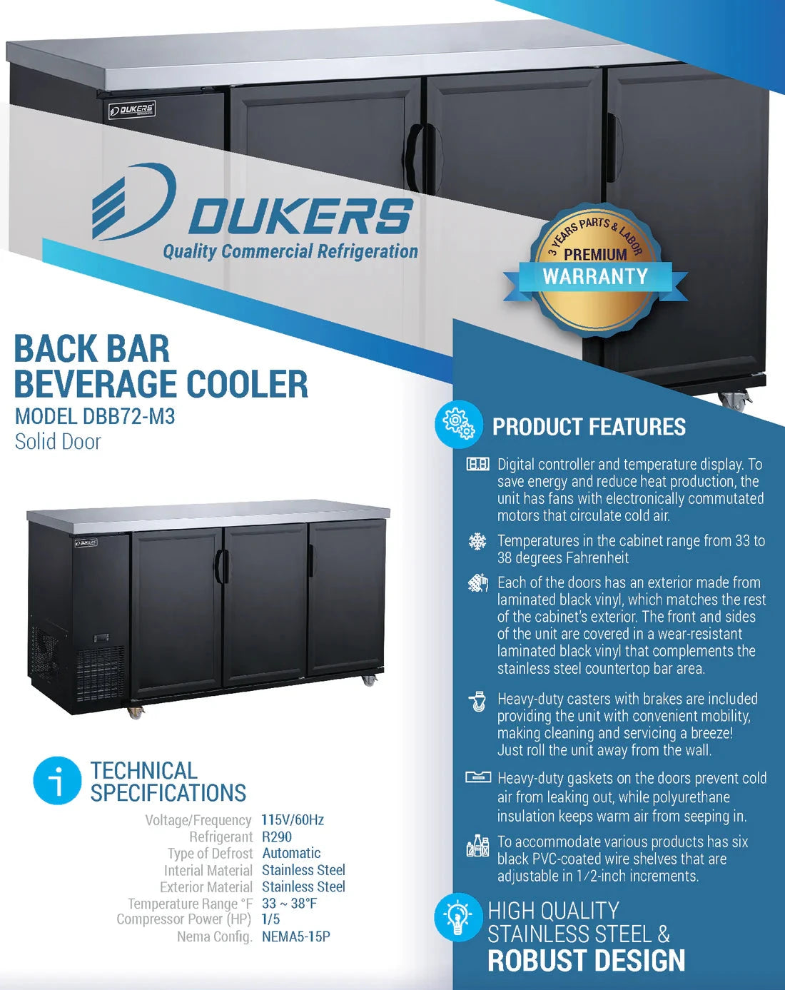 Dukers DBB72-M3 3-Door Bar and Beverage Cooler (Solid Doors) (Free Shipping) (Add to cart for discount)