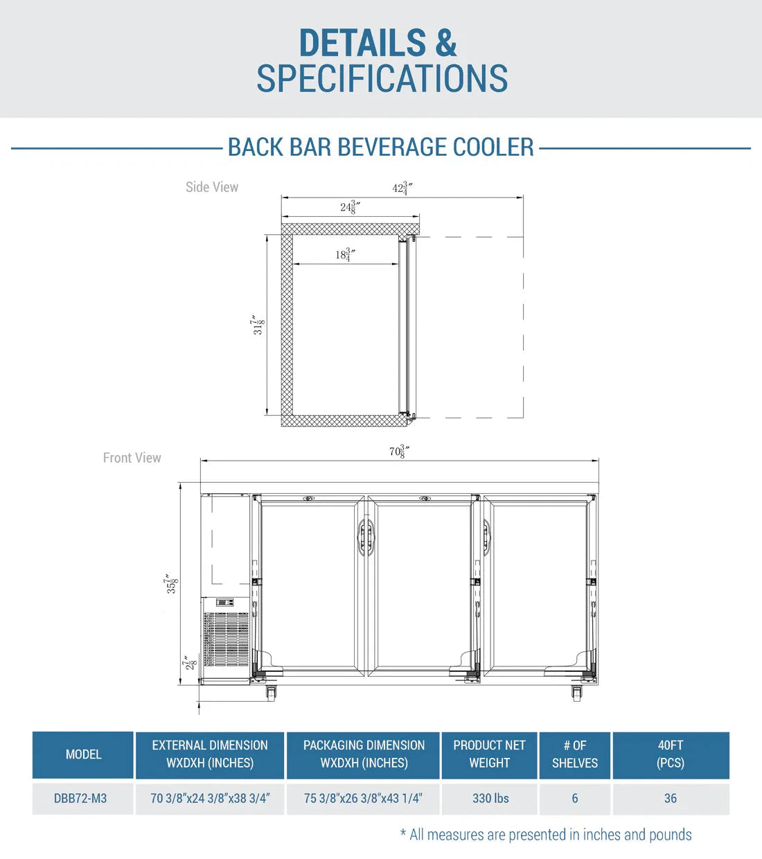 Dukers DBB72-M3 3-Door Bar and Beverage Cooler (Solid Doors) (Free Shipping) (Add to cart for discount)
