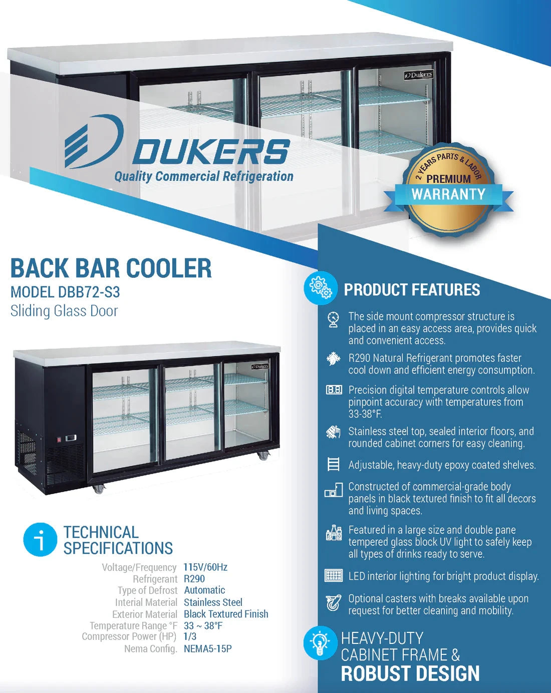 Dukers DBB72-S3 3 Door Bar and Beverage Cooler (Sliding Doors) (Free Shipping) (Add to cart for discount)