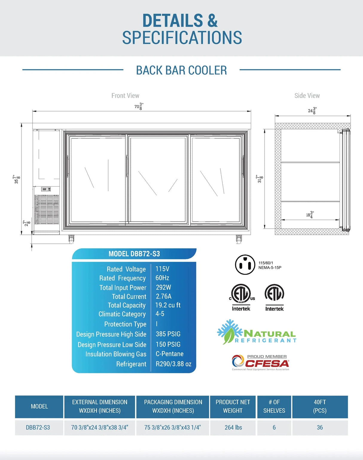 Dukers DBB72-S3 3 Door Bar and Beverage Cooler (Sliding Doors) (Free Shipping) (Add to cart for discount)