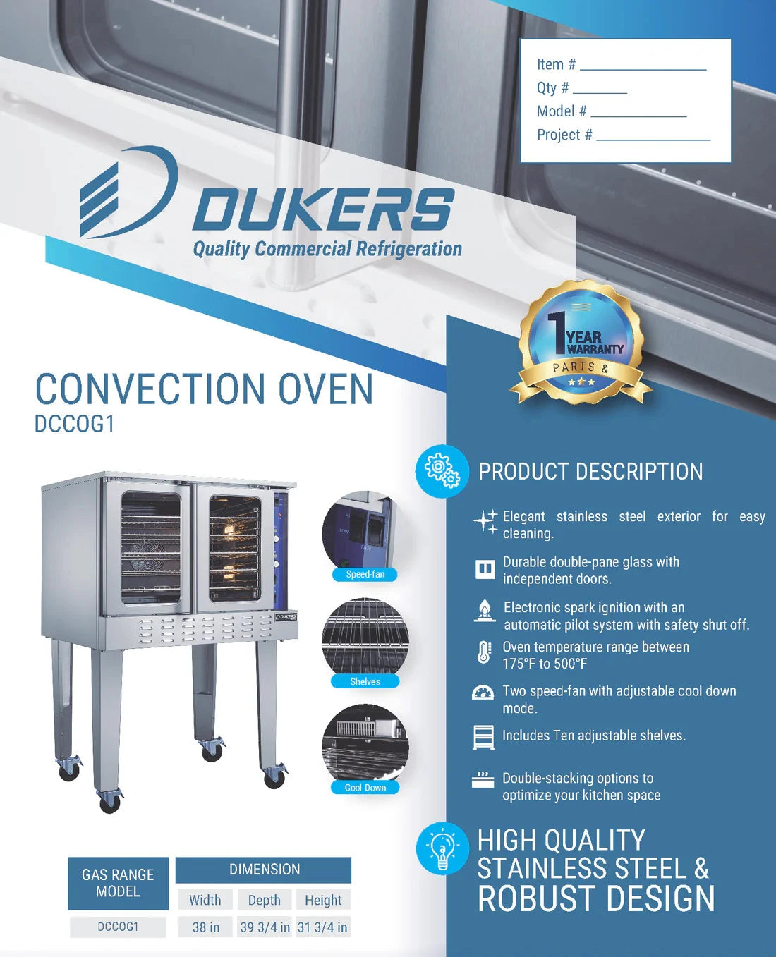 Dukers  DCCOG1 Single Convection Oven (Free Shipping) (Add to cart for discount)