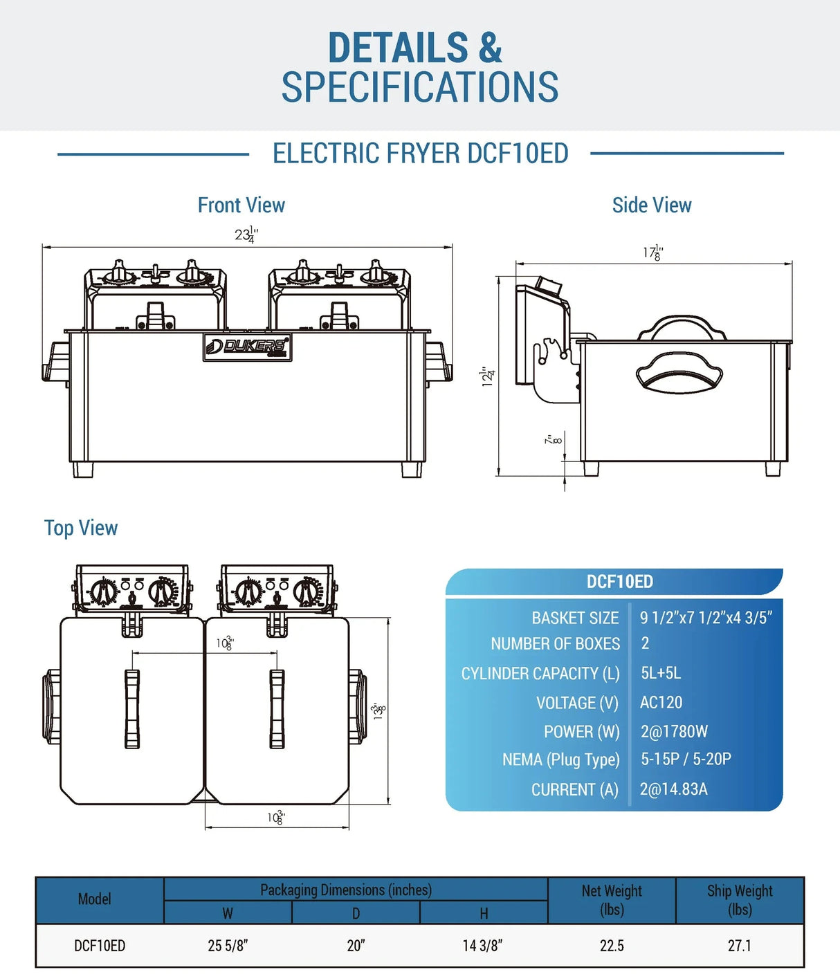 Dukers DCF10ED 20lb Two Basket Electric Countertop Fryer (Free Shipping)+(Add to cart for discount)