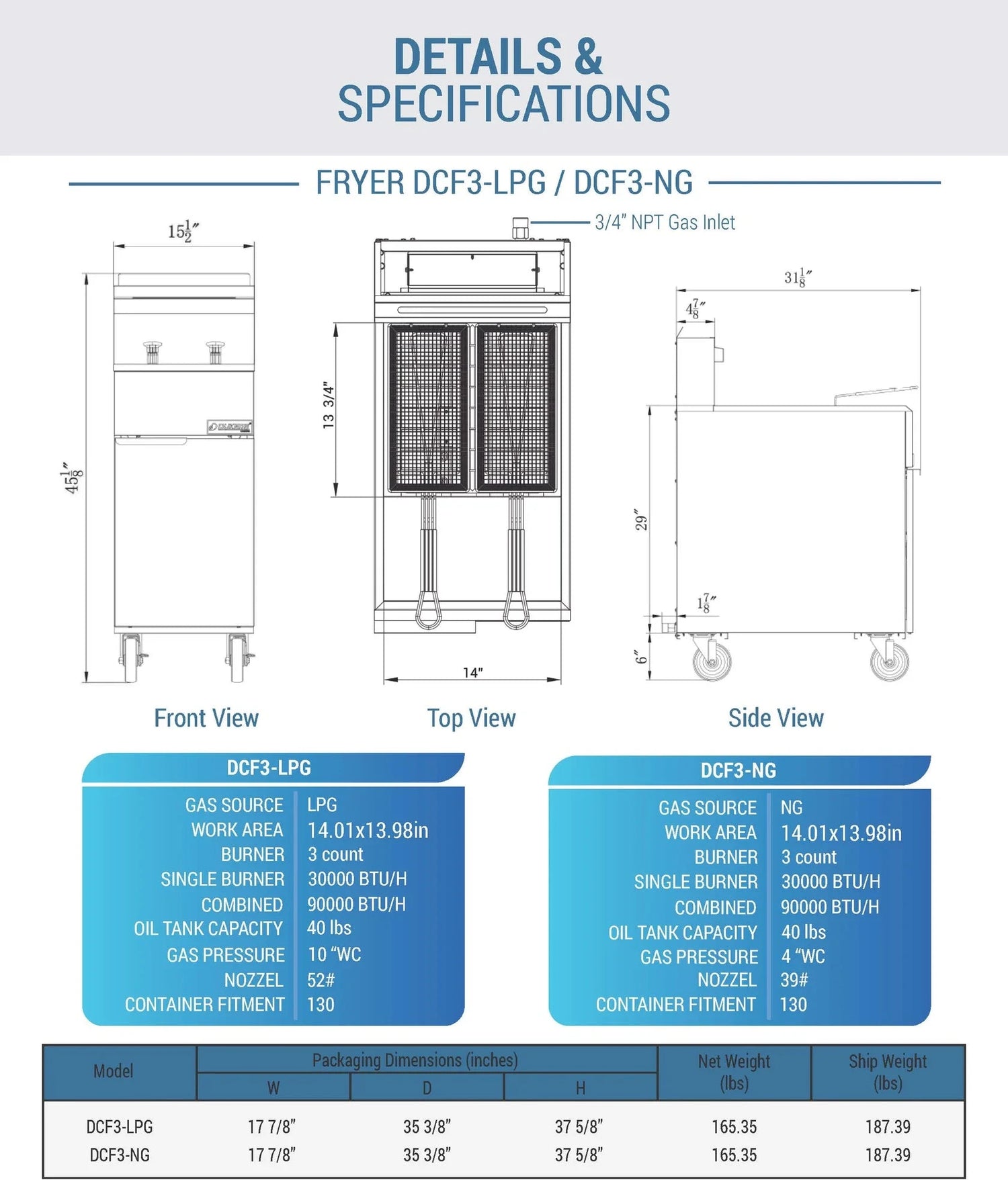 Dukers  DCF3-NG Natural Gas Fryer with 3 Tube Burners (Free Shipping)+(Add to cart for discount)