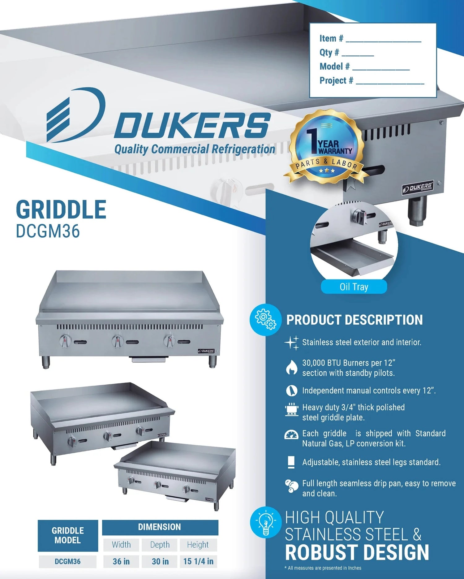 Dukers  DCGM36 36 in. W Griddle with 3 Burners (Free Shipping) (Add to cart for discount)