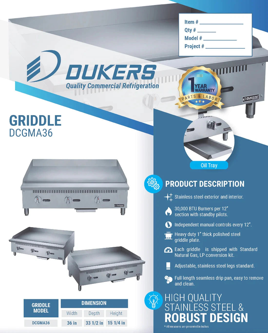 Dukers  DCGMA36 36 in. W Griddle with 3 Burners (Free Shipping) (Add to cart for discount)
