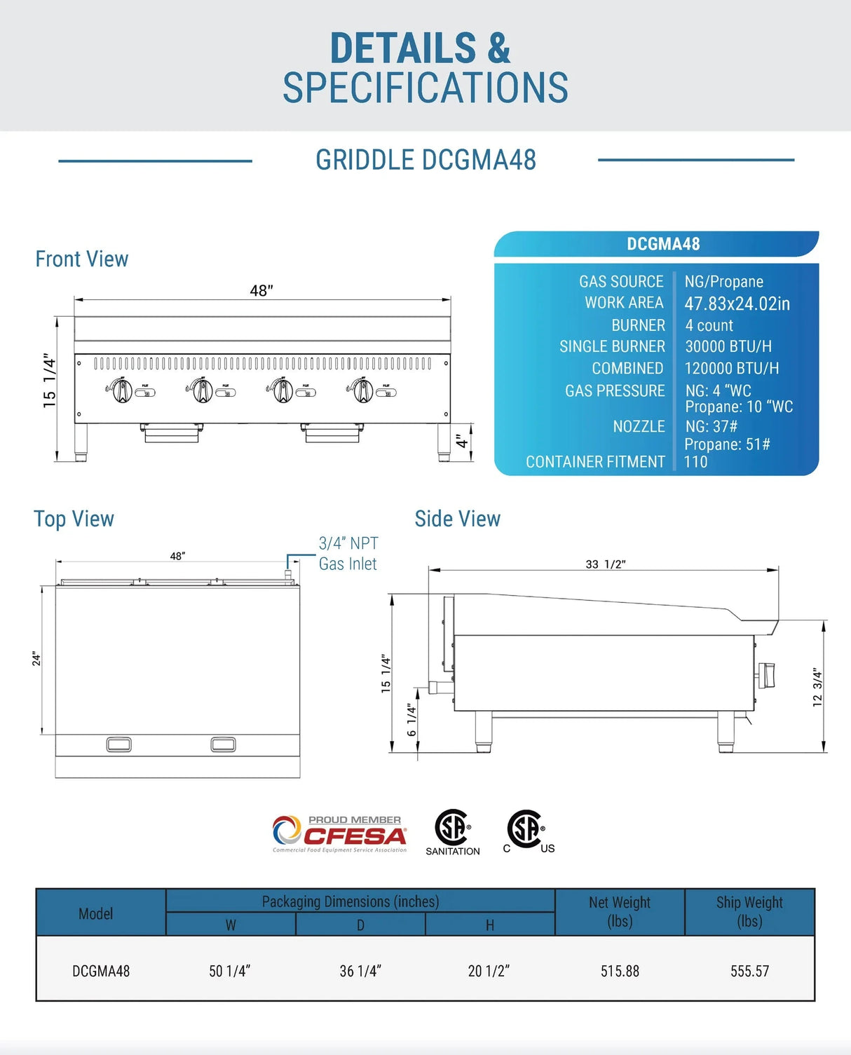 Dukers  DCGMA48 48 in. W Griddle with 4 Burners (Free Shipping) (Add to cart for discount)