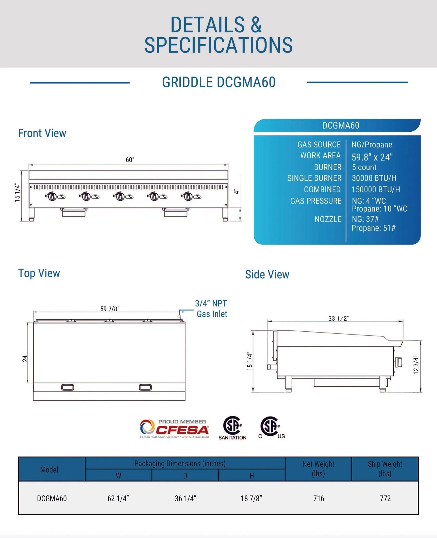 Dukers  DCGMA60 60 in. W Griddle with 5 Burners (Free Shipping) (Add to cart for discount)