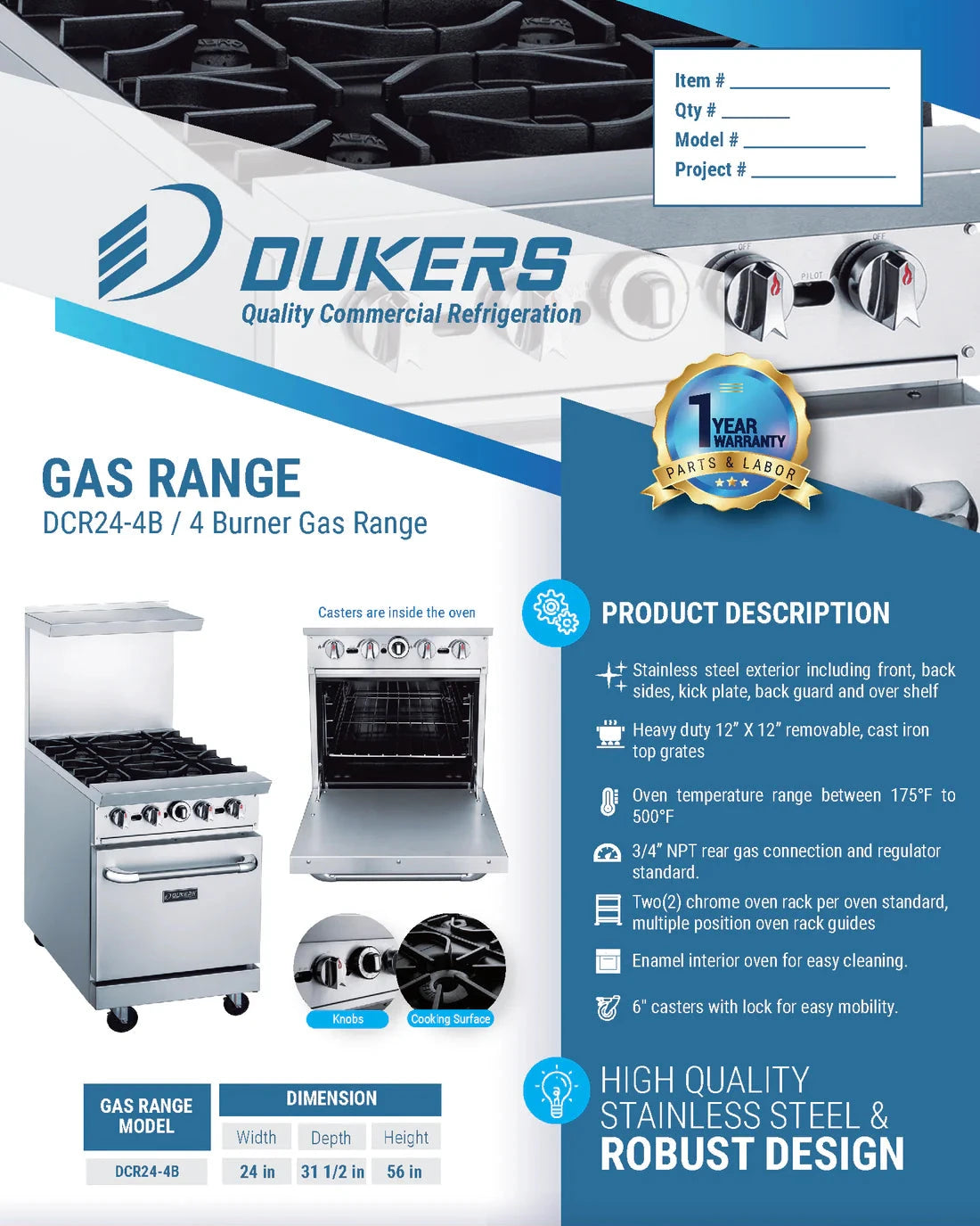 Dukers  DCR24-4B 24" Gas Range with Four (4) Open Burners (Free Shipping) (Add to cart for discount)