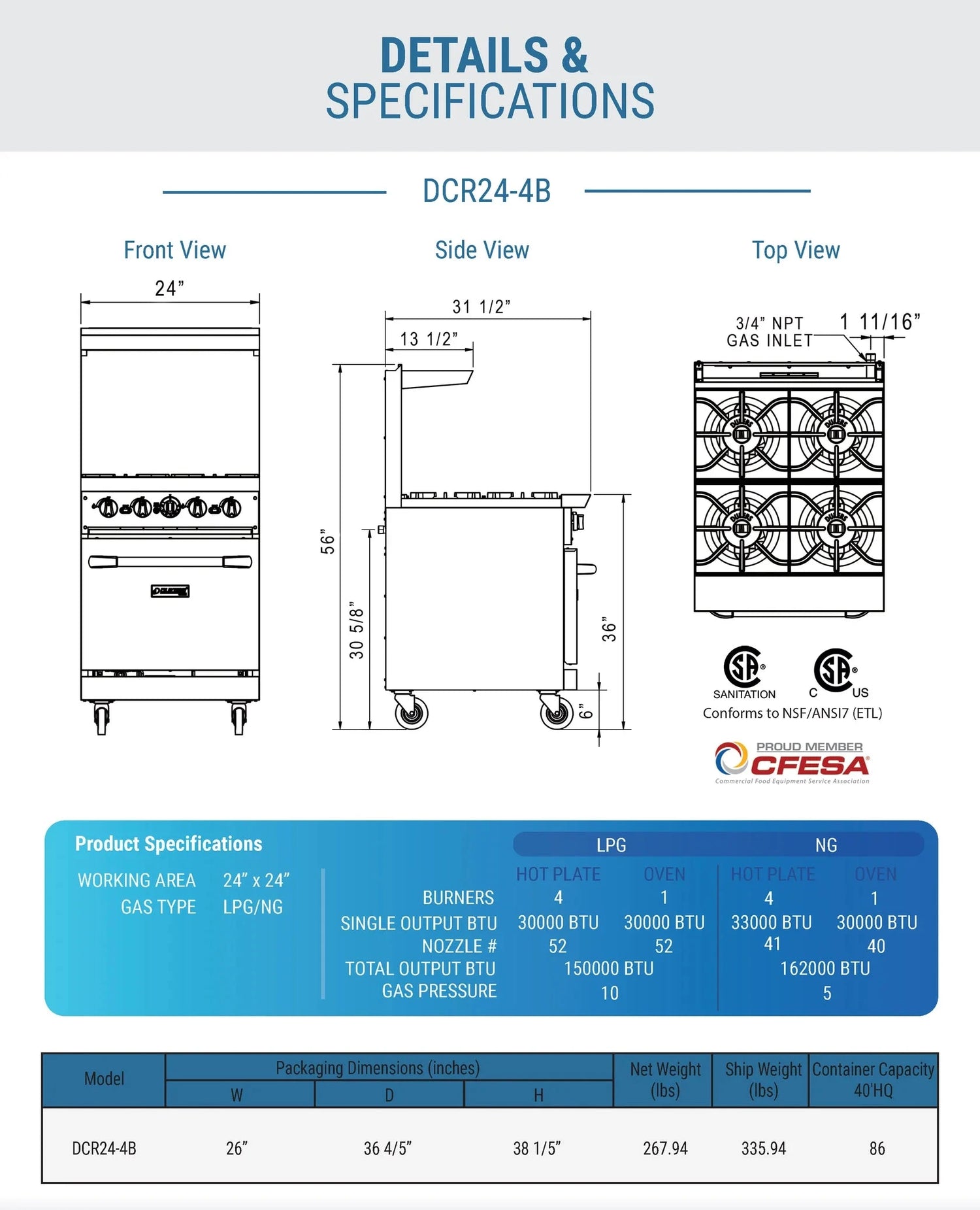 Dukers  DCR24-4B 24" Gas Range with Four (4) Open Burners (Free Shipping) (Add to cart for discount)