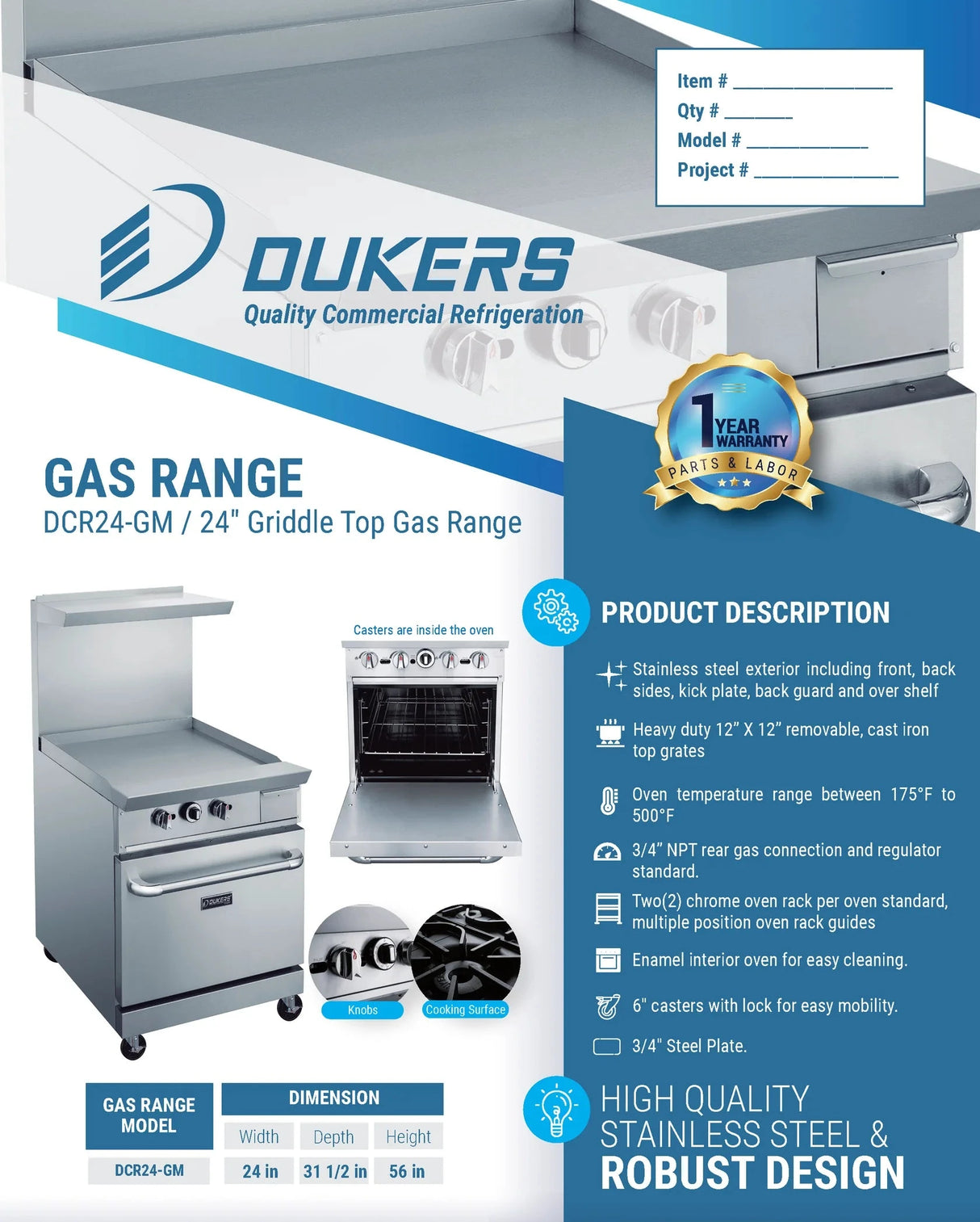 Dukers  DCR24-GM 24" Gas Range with 24" Griddle (Free Shipping) (Add to cart for discount)