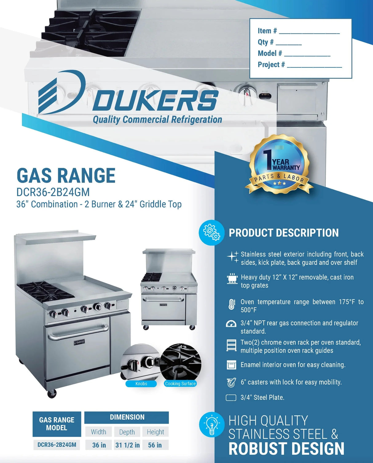Dukers  DCR36-2B24GM 36" Gas Range with Two (2) Open Burners & 24" Griddle (Free Shipping) (Add to cart for discount)
