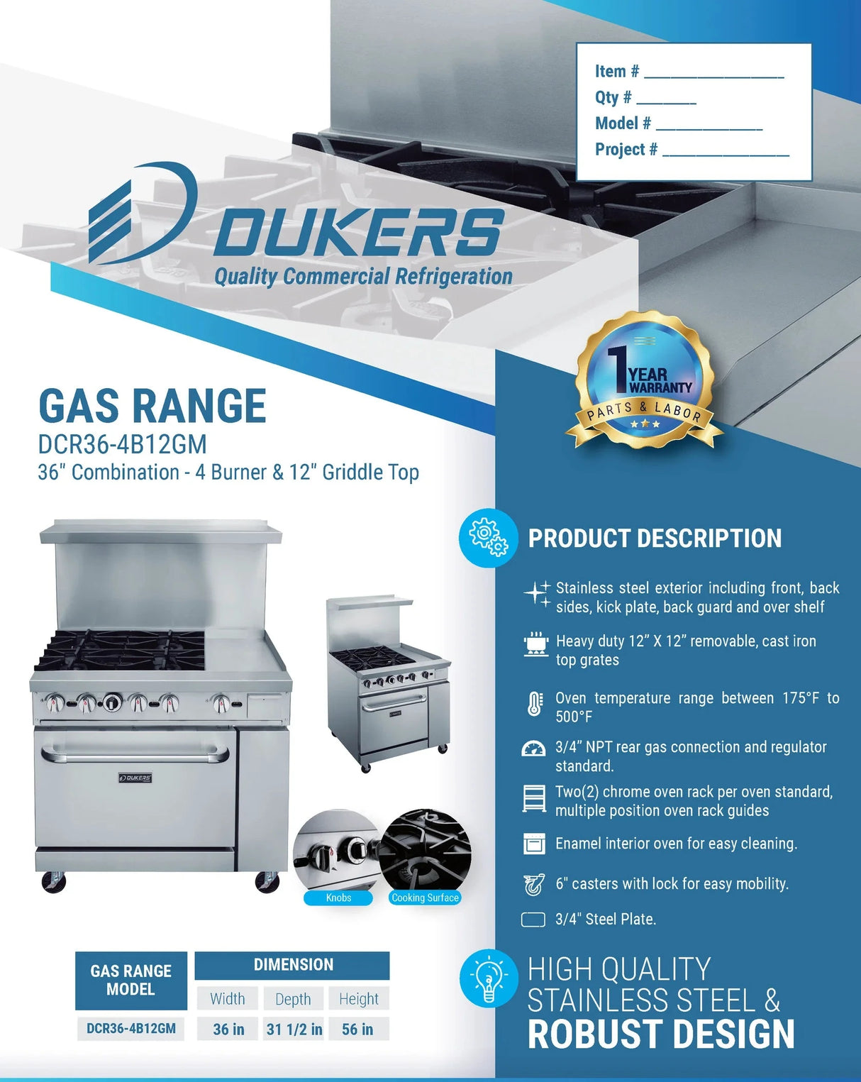 Dukers  DCR36-4B12GM 36" Gas Range with Four (4) Open Burners & 12" Griddle (Free Shipping) (Add to cart for discount)