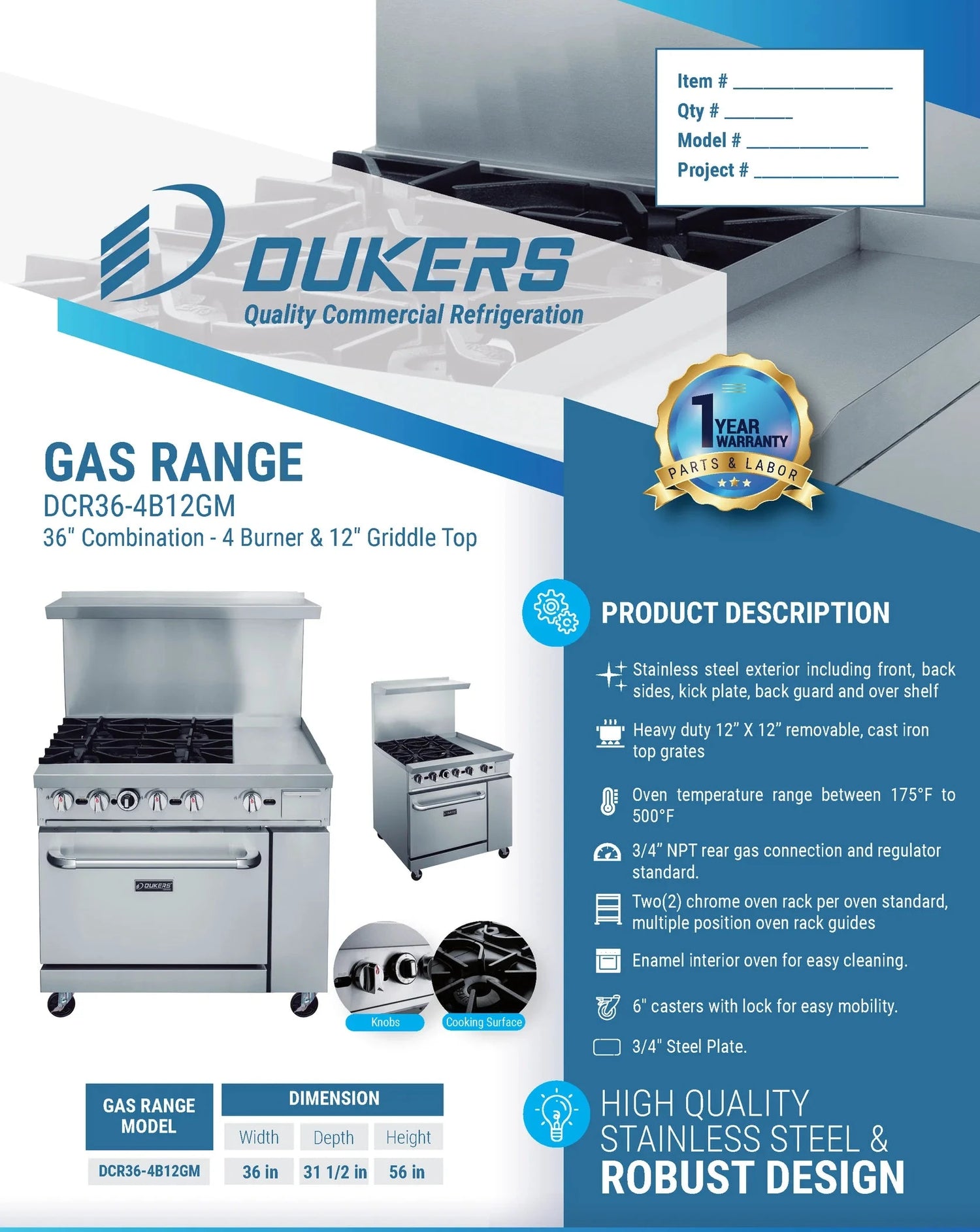 Dukers  DCR36-4B12GM 36" Gas Range with Four (4) Open Burners & 12" Griddle (Free Shipping) (Add to cart for discount)