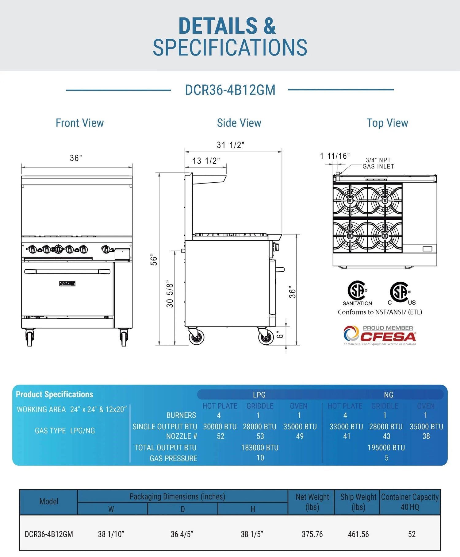 Dukers  DCR36-4B12GM 36" Gas Range with Four (4) Open Burners & 12" Griddle (Free Shipping) (Add to cart for discount)