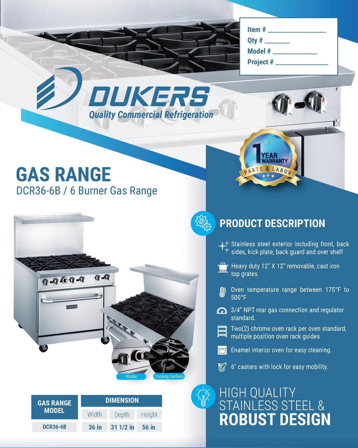Dukers  DCR36-6B 36" Gas Range with Six (6) Open Burners (Free Shipping) (Add to cart for discount)