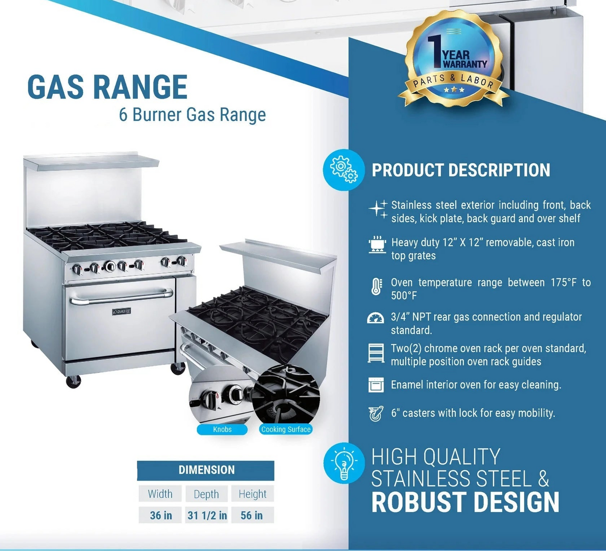 Dukers DCR36-6B 36" Gas Range with Six (6) Open Burners