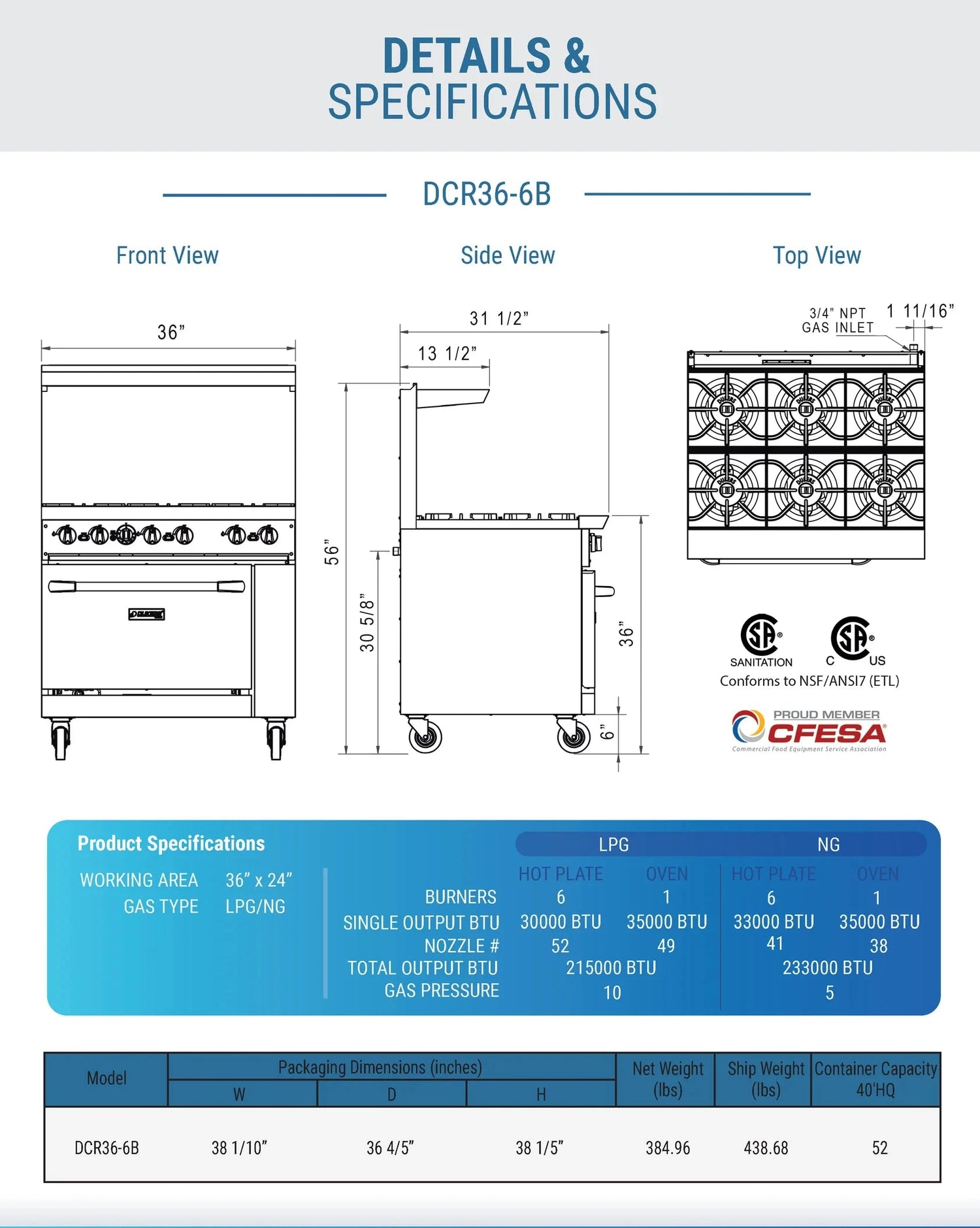 Dukers  DCR36-6B 36" Gas Range with Six (6) Open Burners (Free Shipping) (Add to cart for discount)