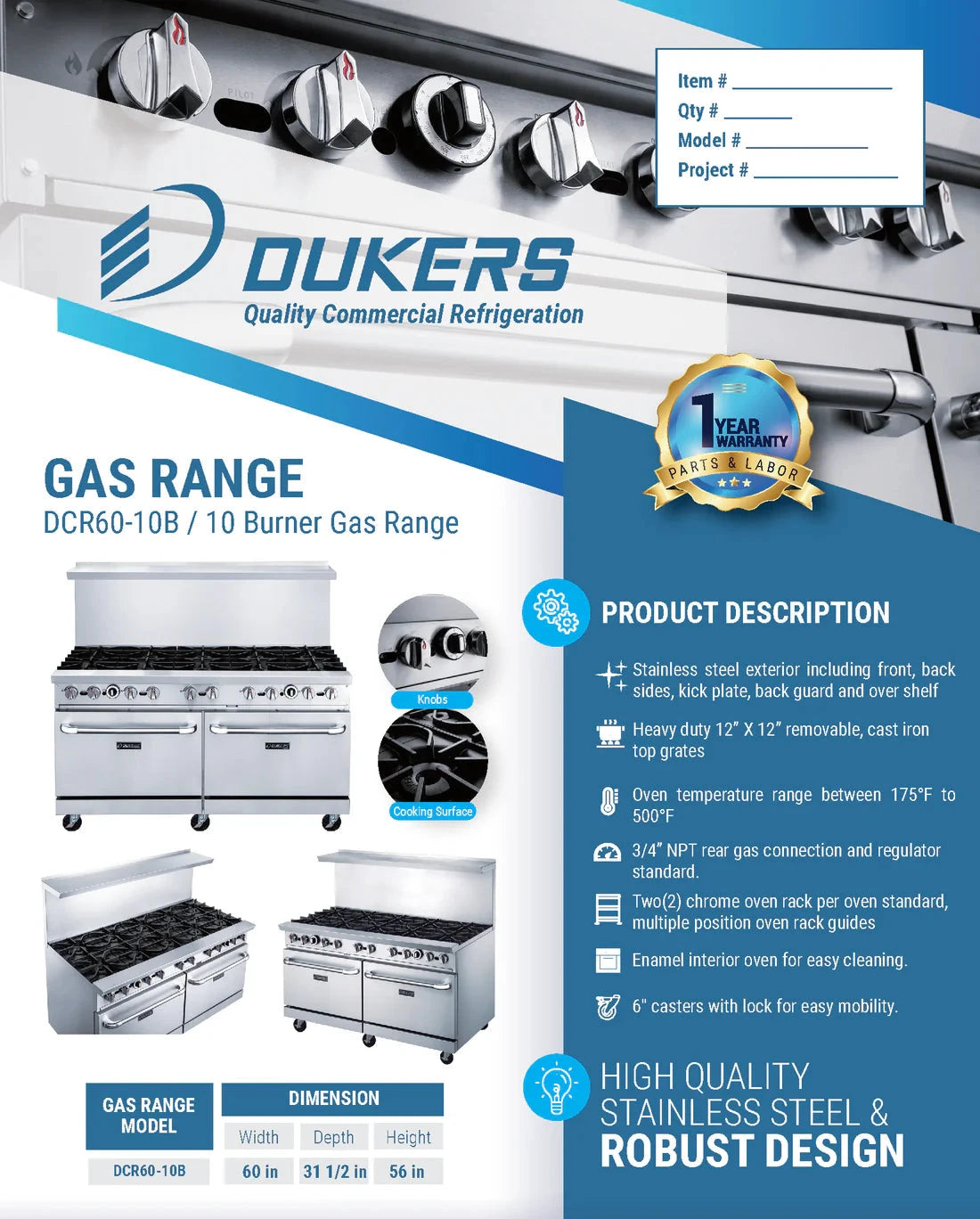 Dukers  DCR60-10B 60" Gas Range with Ten (10) Open Burners (Free Shipping) (Add to cart for discount)