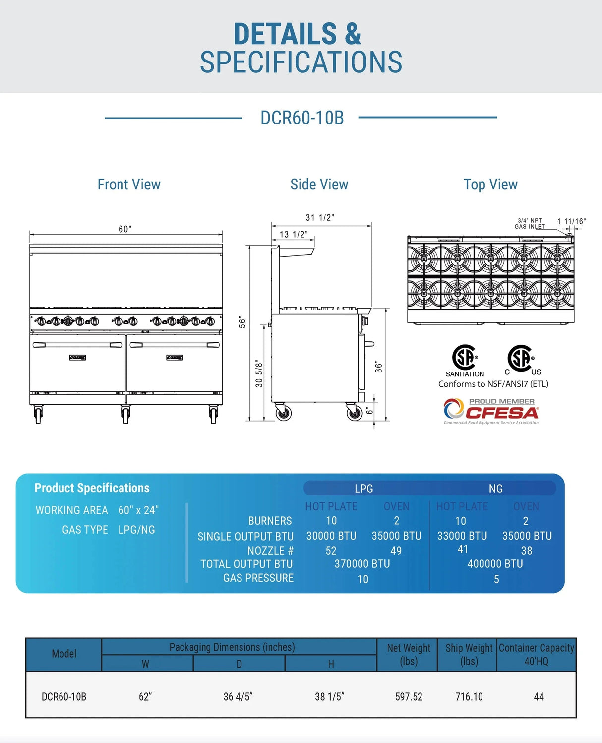 Dukers  DCR60-10B 60" Gas Range with Ten (10) Open Burners (Free Shipping) (Add to cart for discount)