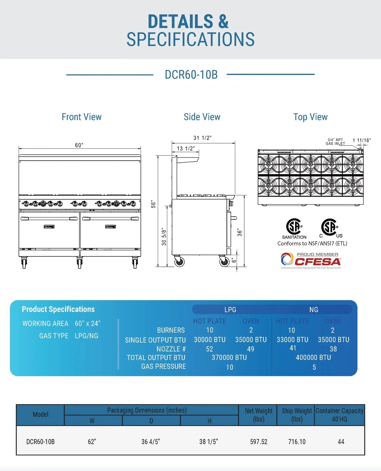 Dukers  DCR60-10B 60" Gas Range with Ten (10) Open Burners (Free Shipping) (Add to cart for discount)