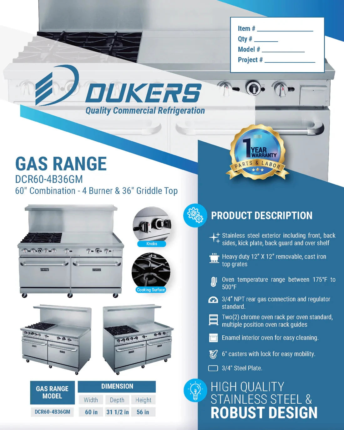 Dukers  DCR60-4B36GM 60" Gas Range with Four (4) Open Burners & 36" Griddle (Free Shipping) (Add to cart for discount)