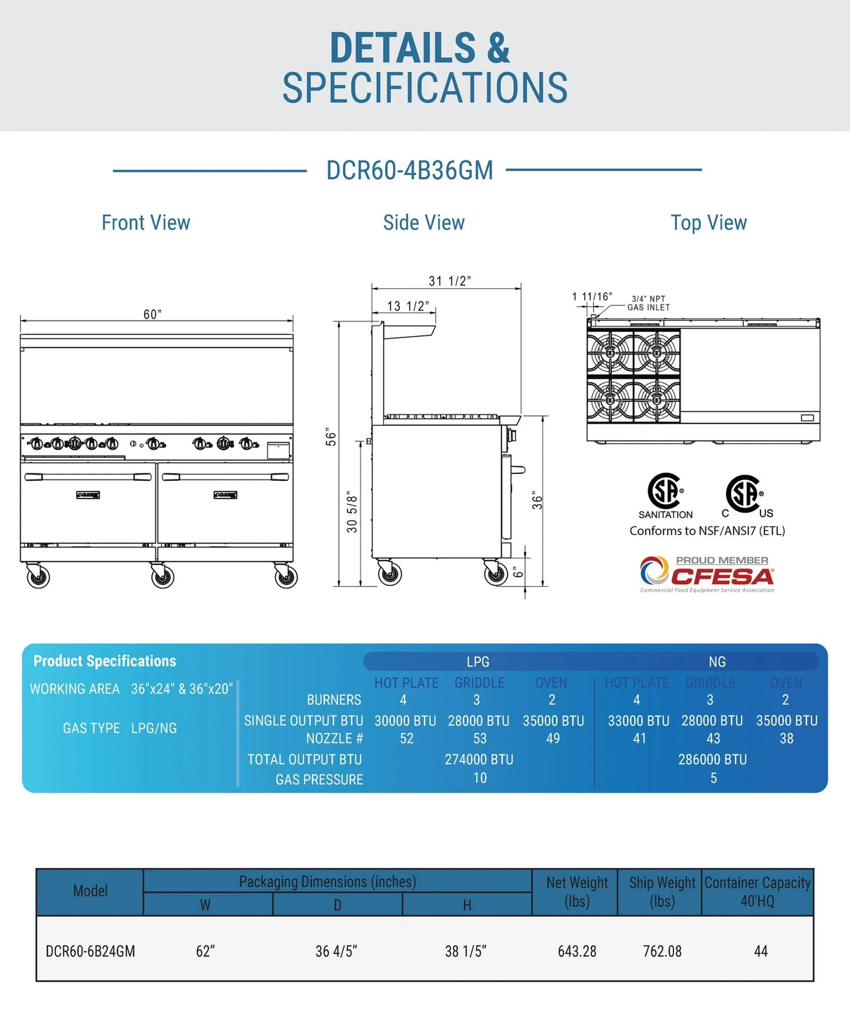 Dukers  DCR60-4B36GM 60" Gas Range with Four (4) Open Burners & 36" Griddle (Free Shipping) (Add to cart for discount)