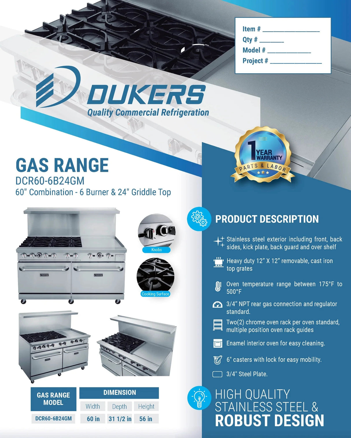 Dukers  DCR60-6B24GM 60" Gas Range with Six (6) Open Burners & 24" Griddle (Free Shipping) (Add to cart for discount)