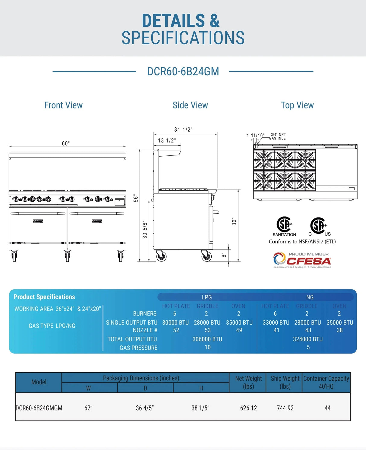 Dukers  DCR60-6B24GM 60" Gas Range with Six (6) Open Burners & 24" Griddle (Free Shipping) (Add to cart for discount)