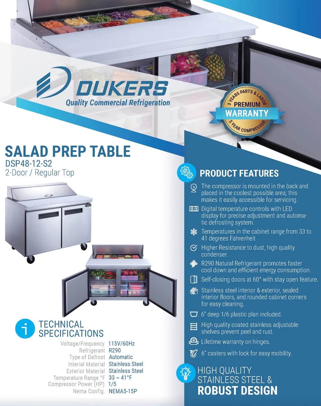 Dukers DSP48-12-S2 2-Door Commercial Food Prep Table Refrigerator in Stainless Steel (Free Shipping) (Add to cart for discount)