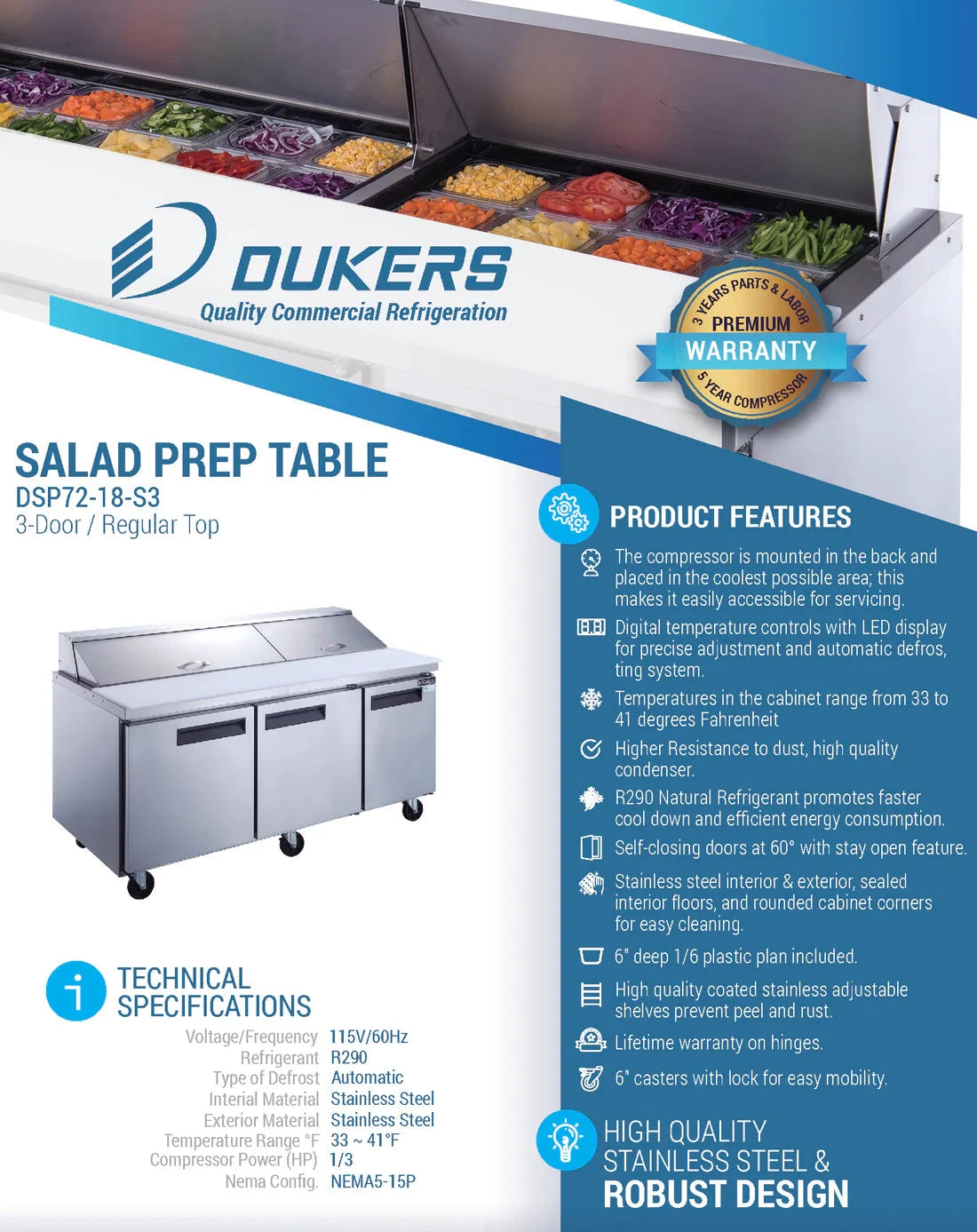 Dukers DSP72-18-S3 3-Door Commercial Food Prep Table Refrigerator in Stainless Steel (Free Shipping) (Add to cart for discount)