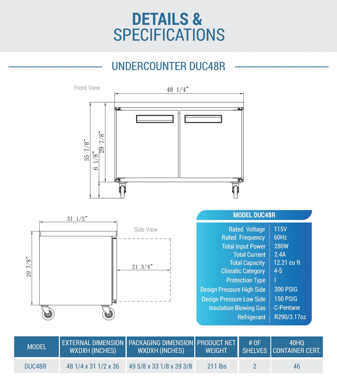 Dukers DUC48R 2-Door Undercounter Refrigerator in Stainless Steel (Free Shipping) (Add to cart for discount)