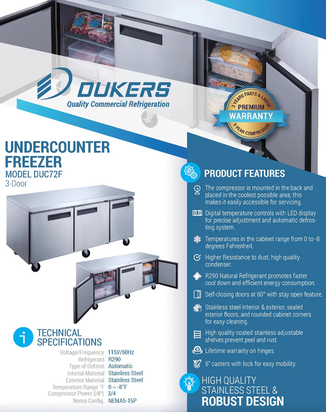 Dukers DUC72F 3-Door Undercounter Commercial Freezer in Stainless Steel (Free Shipping) (Add to cart for discount)