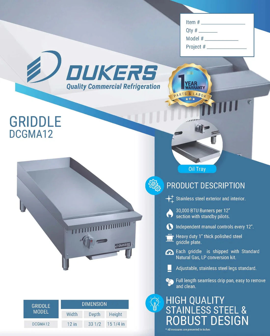 Dukers  DCGMA12 12 in. W Griddle with 1 Burners (Free Shipping) (Add to cart for discount)