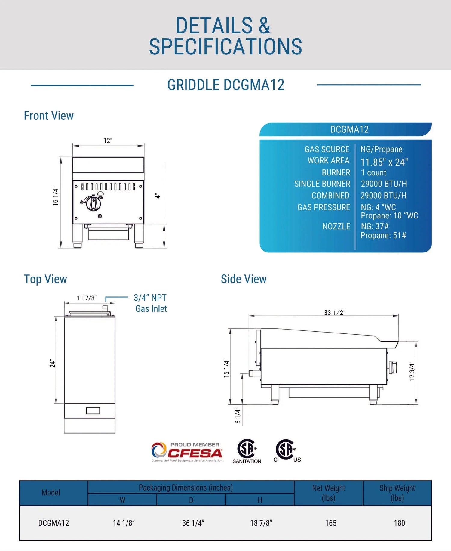 Dukers  DCGMA12 12 in. W Griddle with 1 Burners (Free Shipping) (Add to cart for discount)